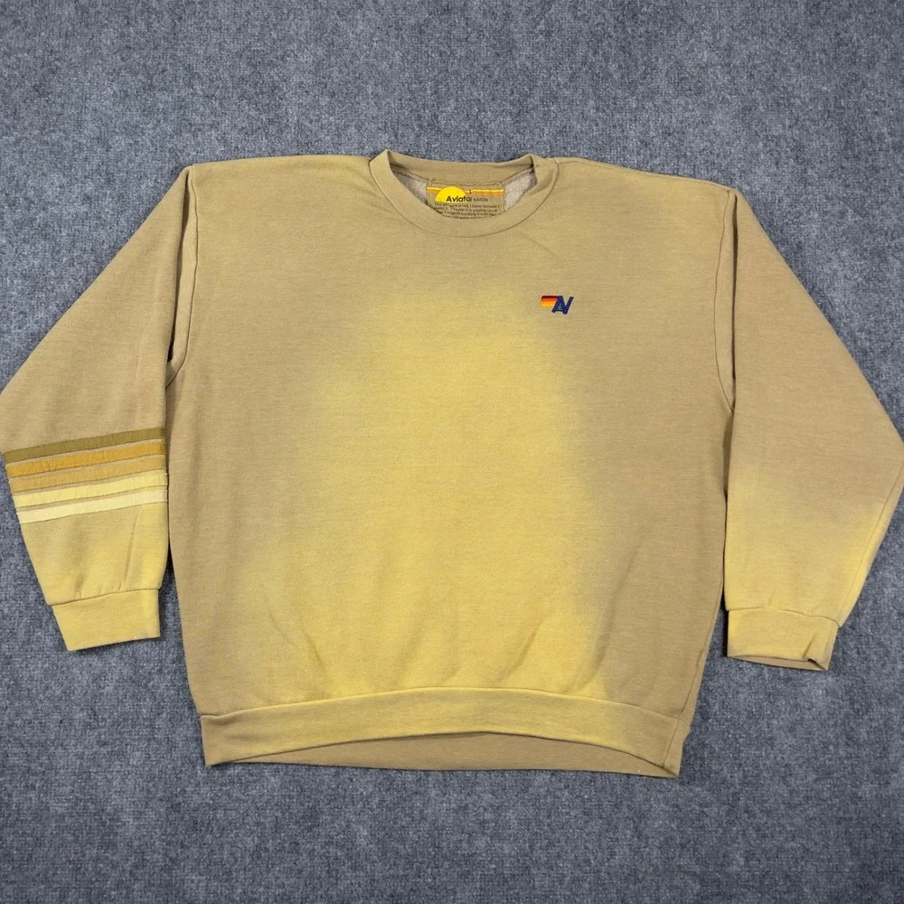 Aviator Nation Sweatshirt Mens Large Tan Sun Faded Rainbow Stripe Crewneck